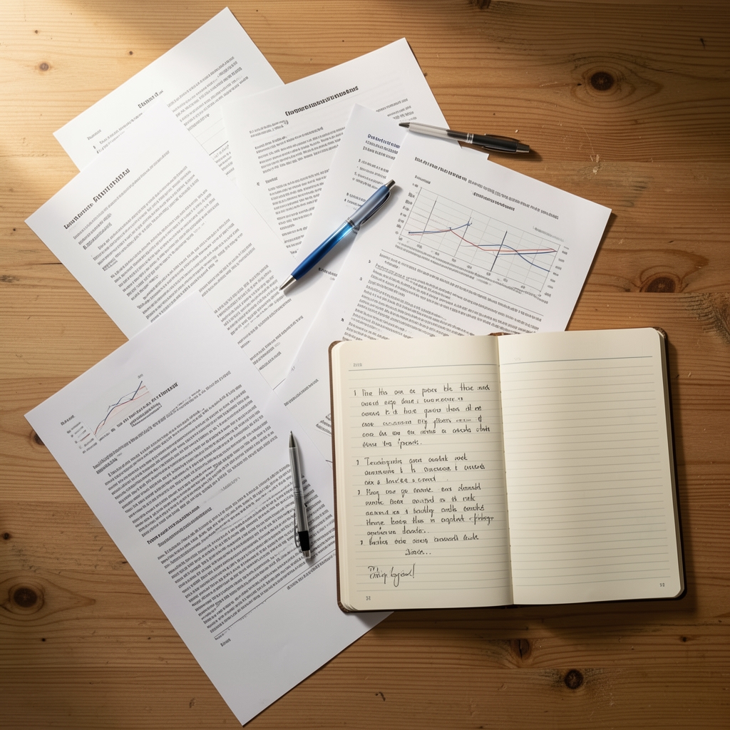 Overhead view of a wooden table with a scattered arrangement of research papers, a pen, and an open notebook with handwritten notes in soft daylight