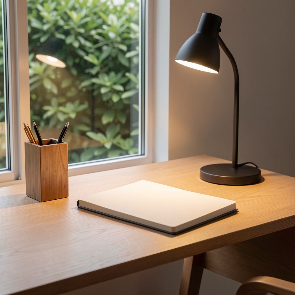 Minimalist writing desk with a lamp casting warm light across a blank notebook, a wooden pen holder, and a window overlooking green foliage in the background
