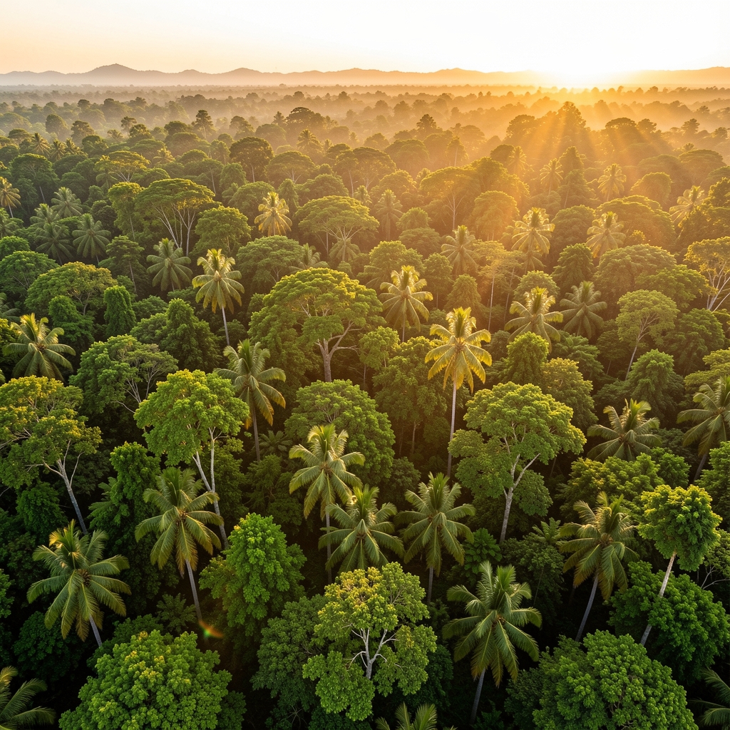 Aerial view of a lush tropical forest canopy at sunrise with warm golden light filtering through the dense tree cover, evoking calm reflection and depth