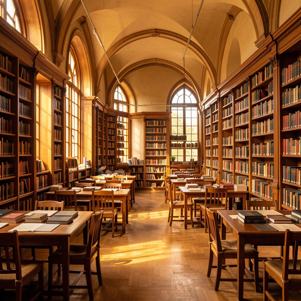 Expansive library interior with warm amber lighting, rows of wooden shelves filled with books, and tall arched windows casting golden afternoon light across reading tables