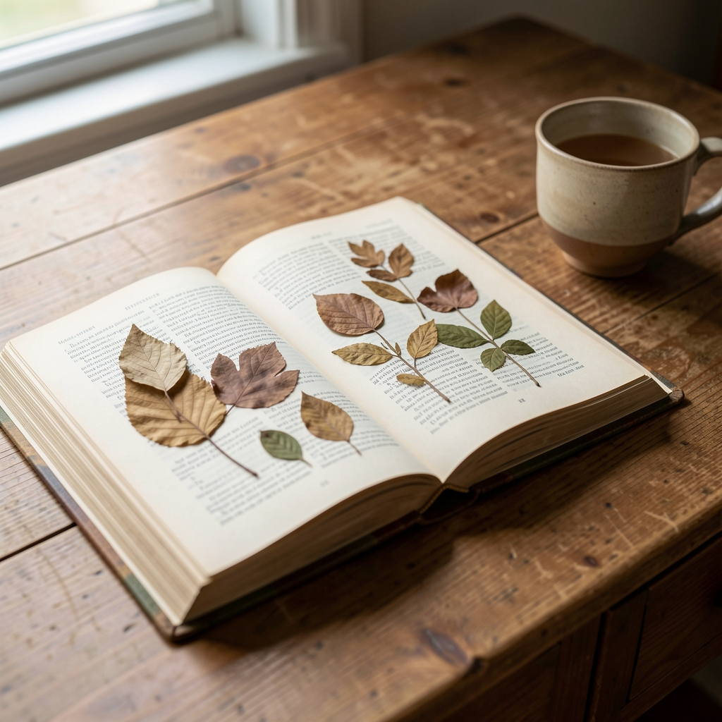 Close-up of a wooden desk with an open botanical reference book, dried leaves pressed between the pages, and a ceramic cup beside it in soft natural window light